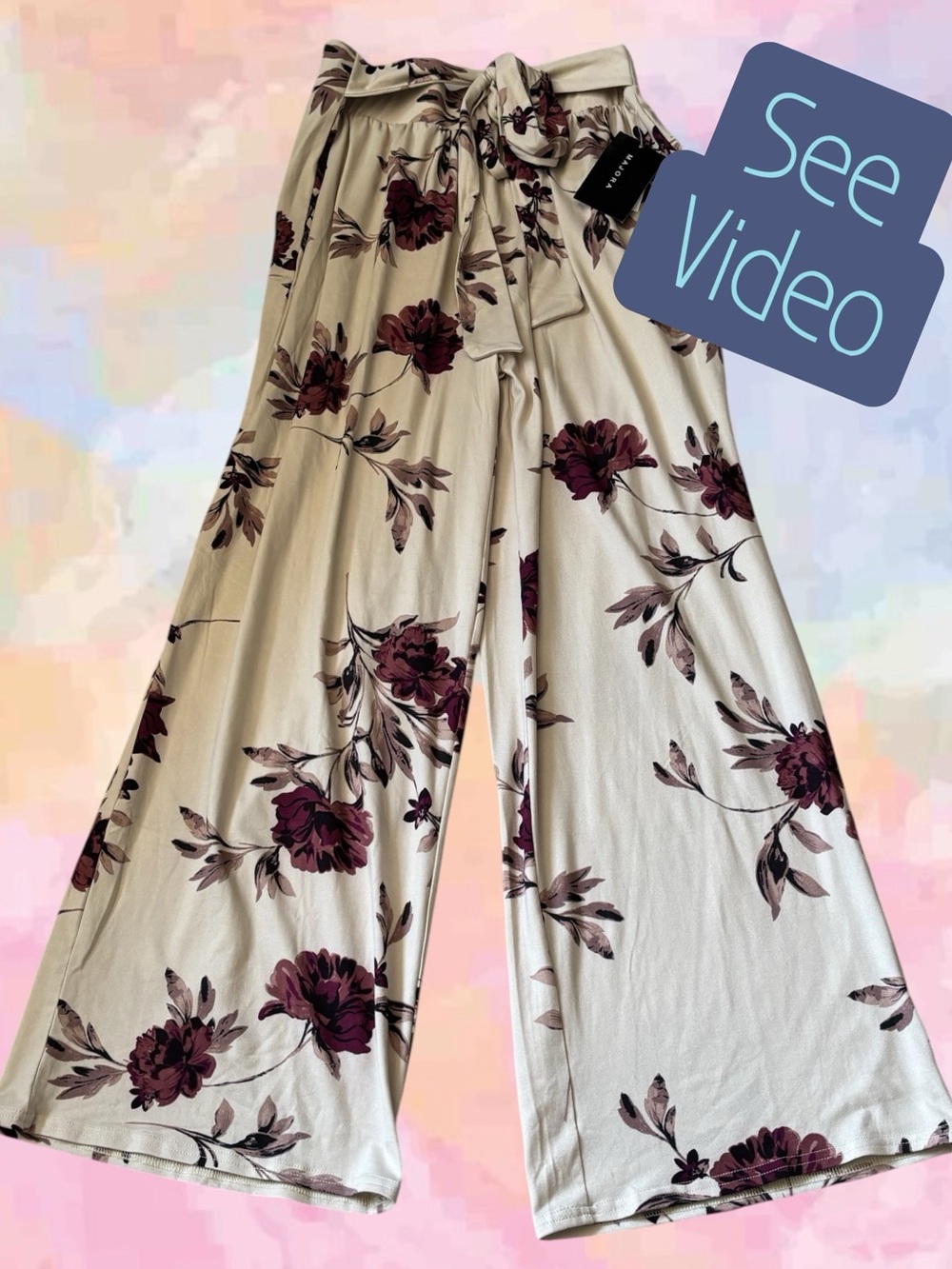 MAJORA Wide Leg Floral Pants NWT Paperbag Waist Cream Burgundy